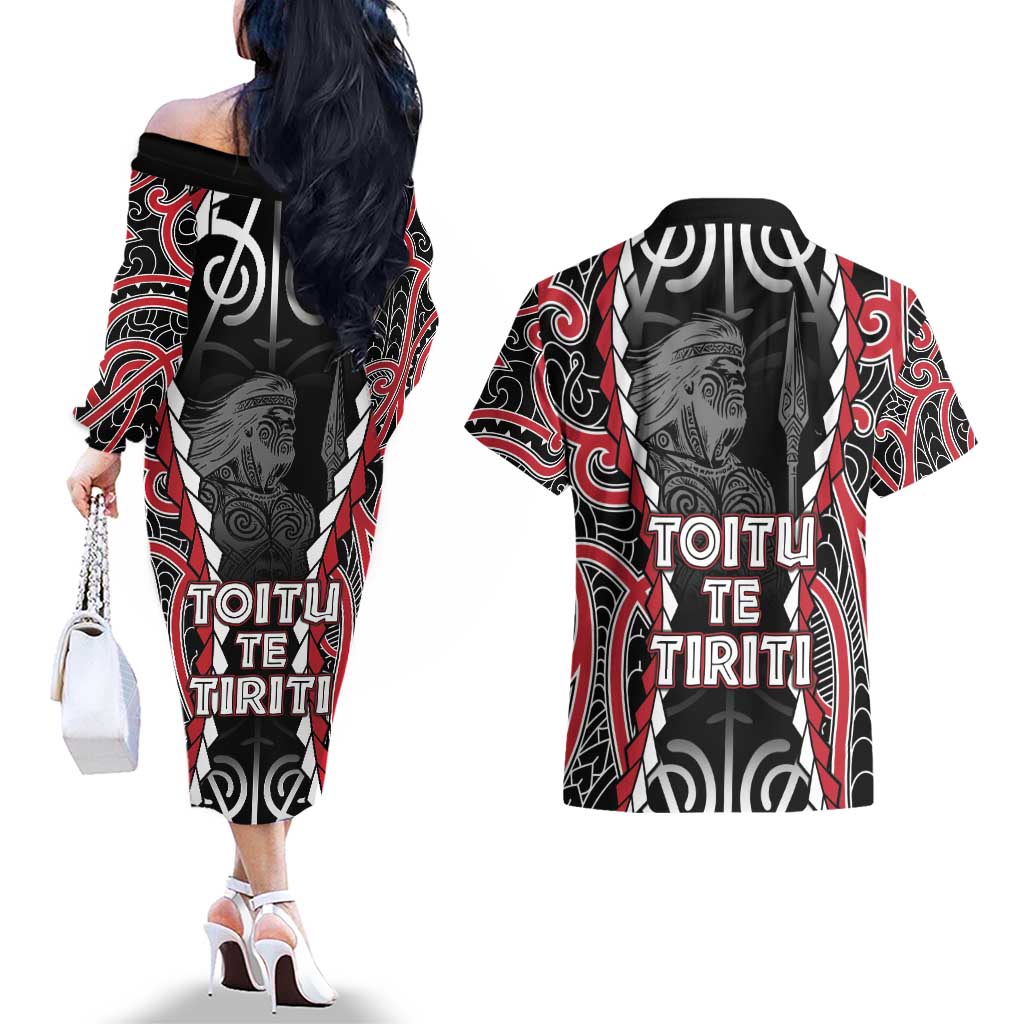 Aotearoa Waitangi Day Couples Matching Off The Shoulder Long Sleeve Dress and Hawaiian Shirt Maori Warrior Tribal Tattoo LT05 - Polynesian Pride