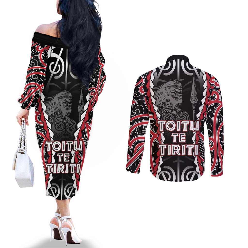 Aotearoa Waitangi Day Couples Matching Off The Shoulder Long Sleeve Dress and Long Sleeve Button Shirt Maori Warrior Tribal Tattoo LT05 - Polynesian Pride
