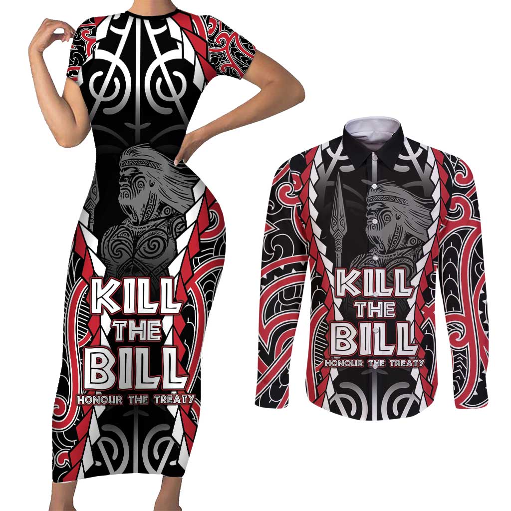 Aotearoa Waitangi Day Couples Matching Short Sleeve Bodycon Dress and Long Sleeve Button Shirt Maori Warrior Tribal Tattoo LT05 Black - Polynesian Pride