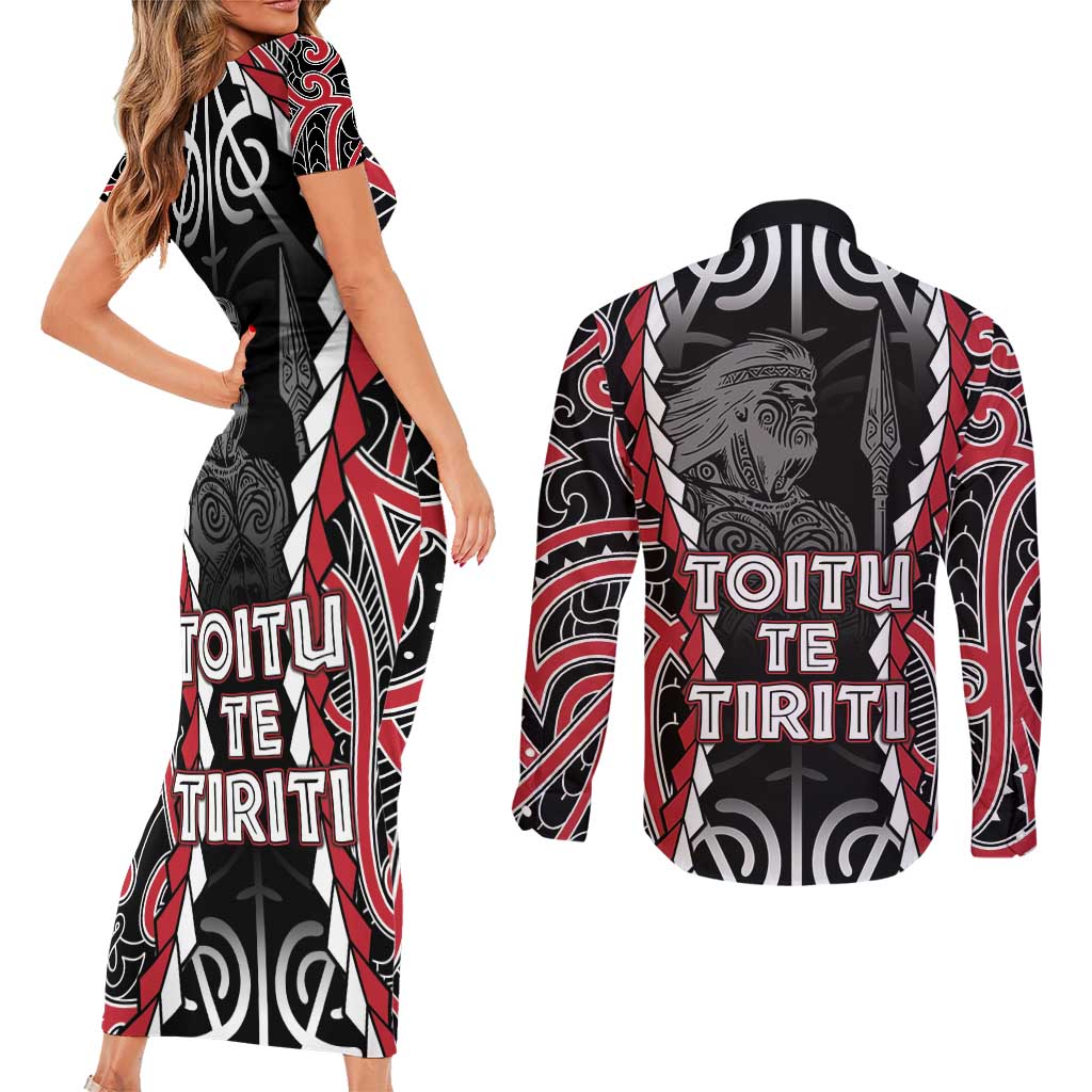 Aotearoa Waitangi Day Couples Matching Short Sleeve Bodycon Dress and Long Sleeve Button Shirt Maori Warrior Tribal Tattoo LT05 - Polynesian Pride