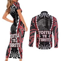 Aotearoa Waitangi Day Couples Matching Short Sleeve Bodycon Dress and Long Sleeve Button Shirt Maori Warrior Tribal Tattoo LT05 - Polynesian Pride