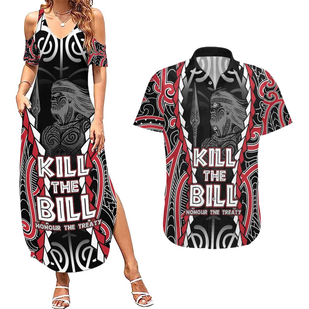 Aotearoa Waitangi Day Couples Matching Summer Maxi Dress and Hawaiian Shirt Maori Warrior Tribal Tattoo LT05 Black - Polynesian Pride