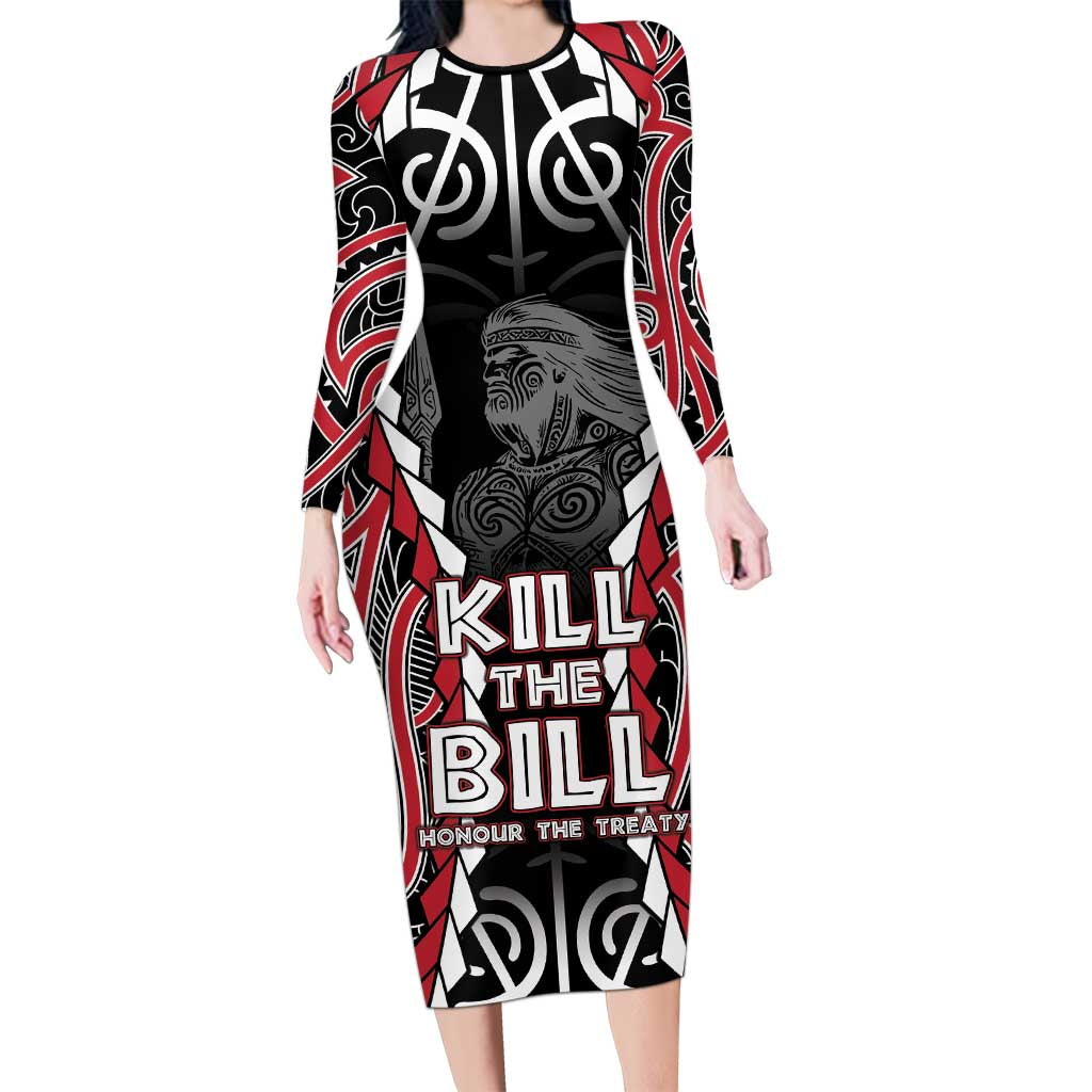 Aotearoa Waitangi Day Family Matching Long Sleeve Bodycon Dress and Hawaiian Shirt Maori Warrior Tribal Tattoo LT05 Mom's Dress Black - Polynesian Pride