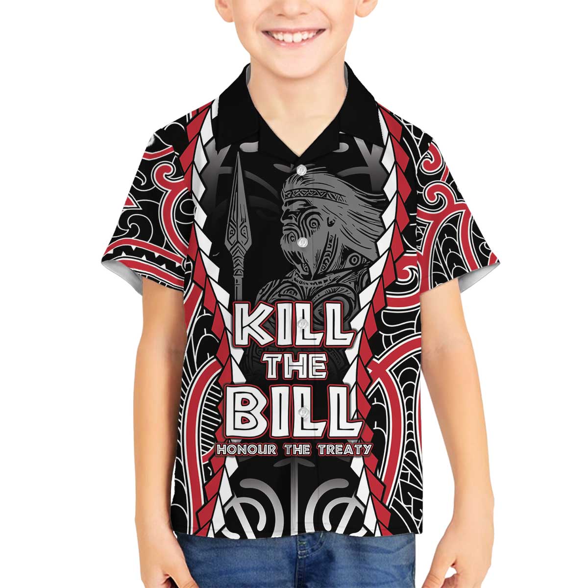 Aotearoa Waitangi Day Family Matching Off The Shoulder Long Sleeve Dress and Hawaiian Shirt Maori Warrior Tribal Tattoo LT05 - Polynesian Pride