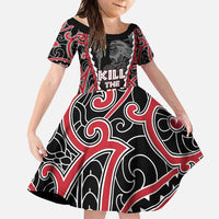 Aotearoa Waitangi Day Family Matching Off Shoulder Maxi Dress and Hawaiian Shirt Maori Warrior Tribal Tattoo LT05 Daughter's Dress Black - Polynesian Pride