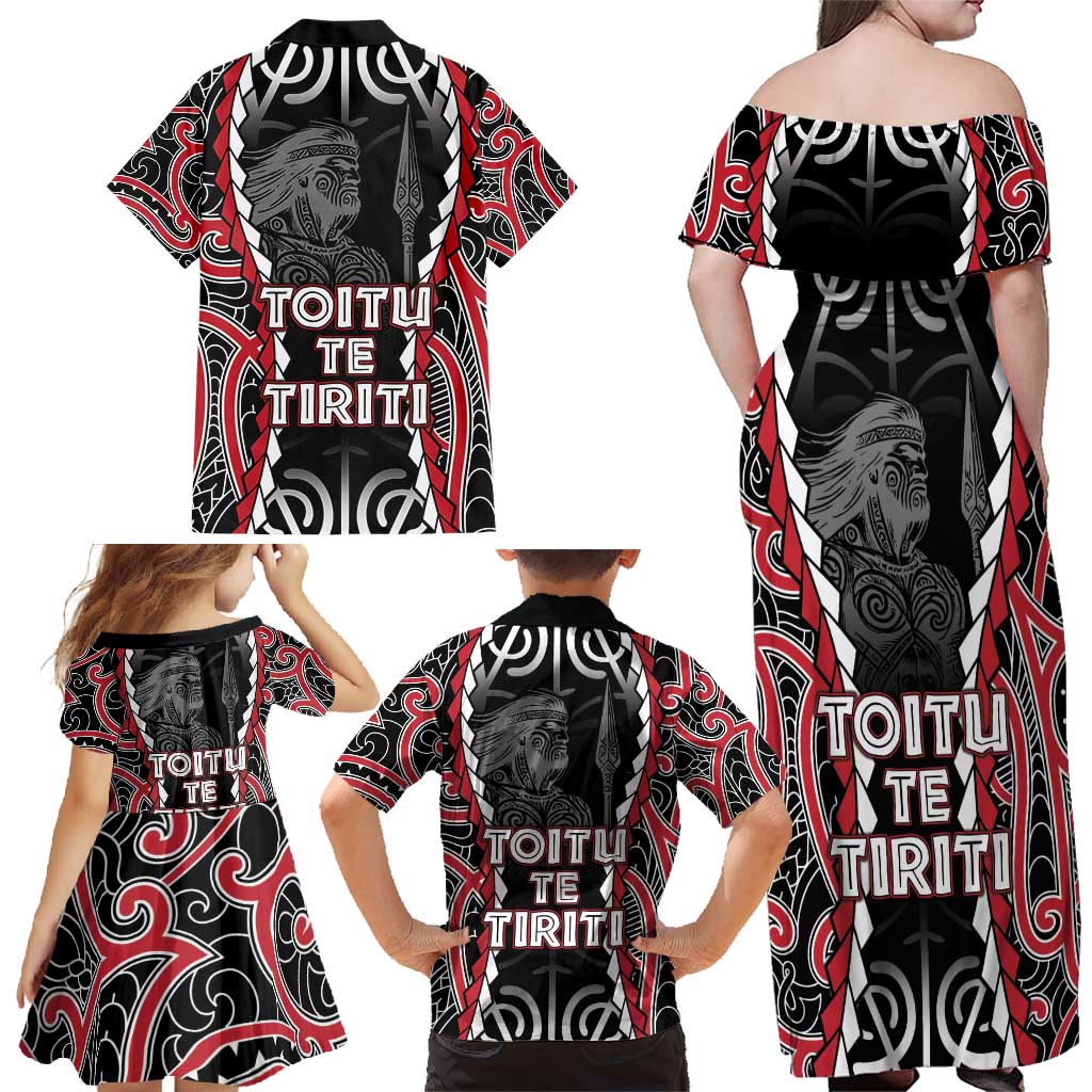 Aotearoa Waitangi Day Family Matching Off Shoulder Maxi Dress and Hawaiian Shirt Maori Warrior Tribal Tattoo LT05 - Polynesian Pride