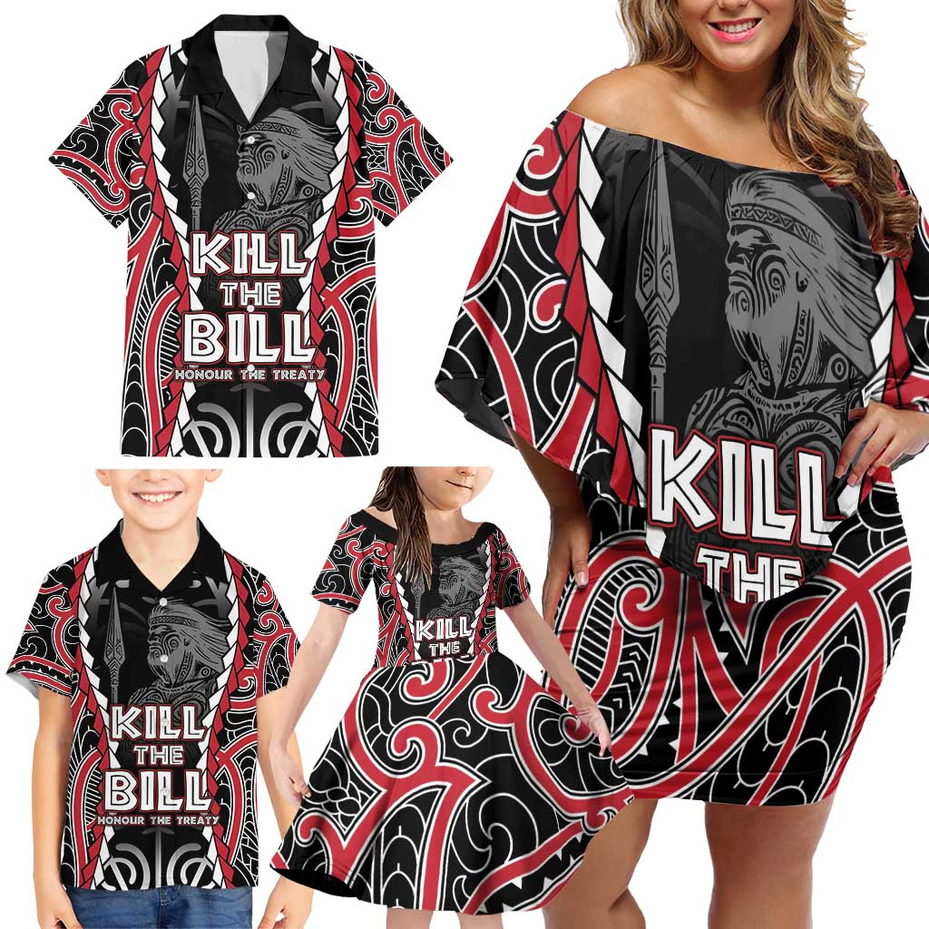 Aotearoa Waitangi Day Family Matching Off Shoulder Short Dress and Hawaiian Shirt Maori Warrior Tribal Tattoo LT05 - Polynesian Pride