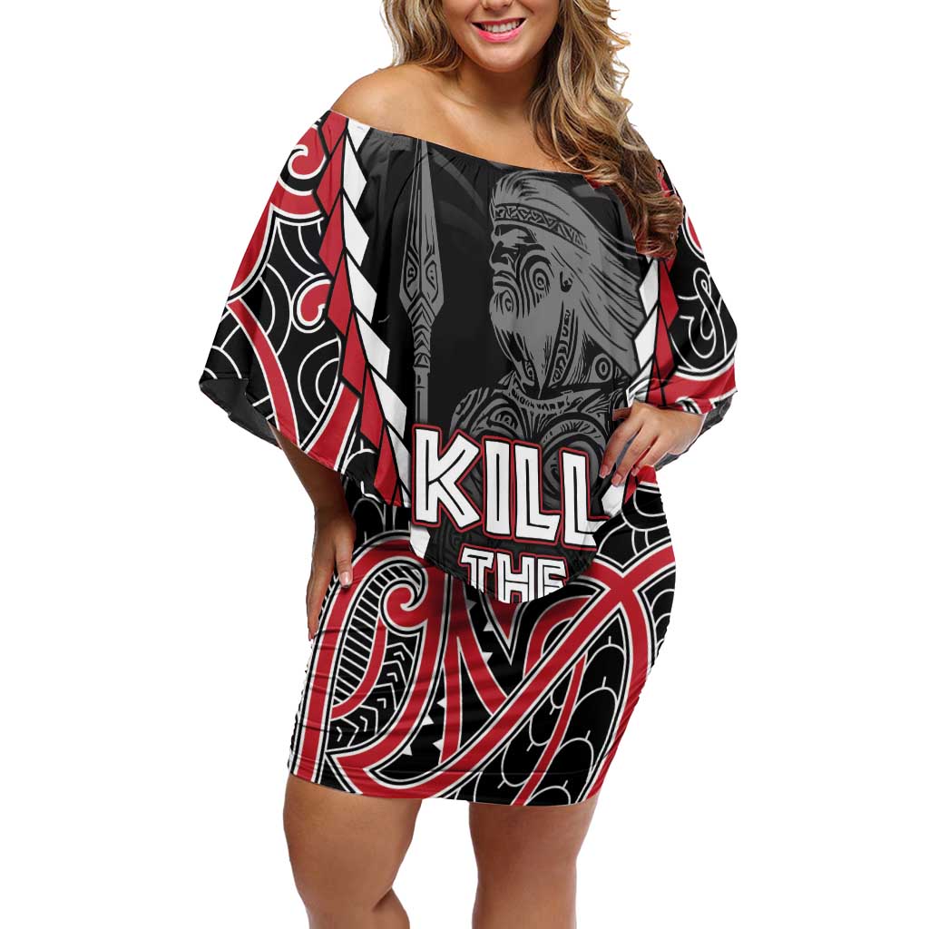 Aotearoa Waitangi Day Family Matching Off Shoulder Short Dress and Hawaiian Shirt Maori Warrior Tribal Tattoo LT05 Mom's Dress Black - Polynesian Pride
