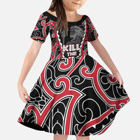 Aotearoa Waitangi Day Family Matching Puletasi and Hawaiian Shirt Maori Warrior Tribal Tattoo LT05 Daughter's Dress Black - Polynesian Pride