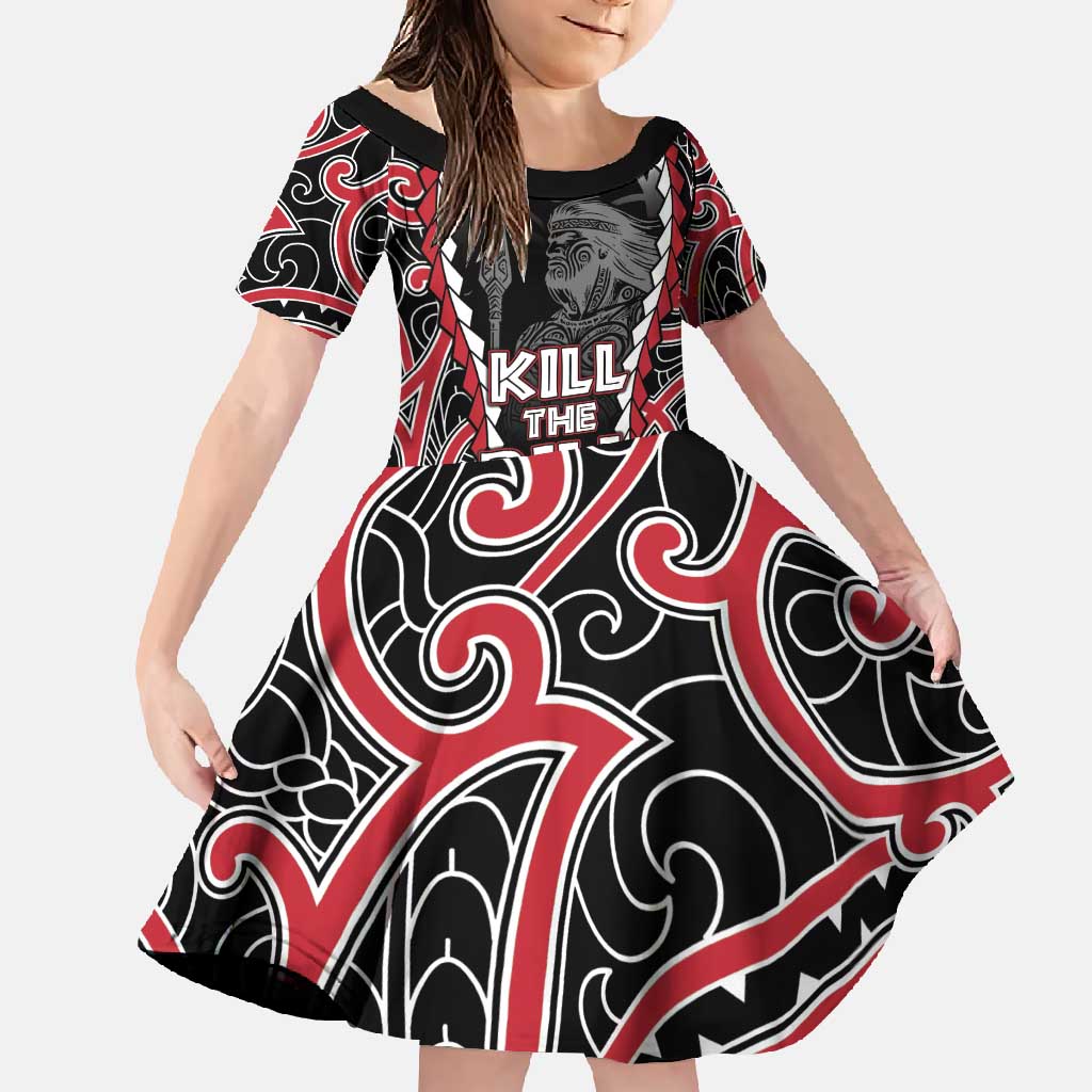 Aotearoa Waitangi Day Family Matching Short Sleeve Bodycon Dress and Hawaiian Shirt Maori Warrior Tribal Tattoo LT05 Daughter's Dress Black - Polynesian Pride
