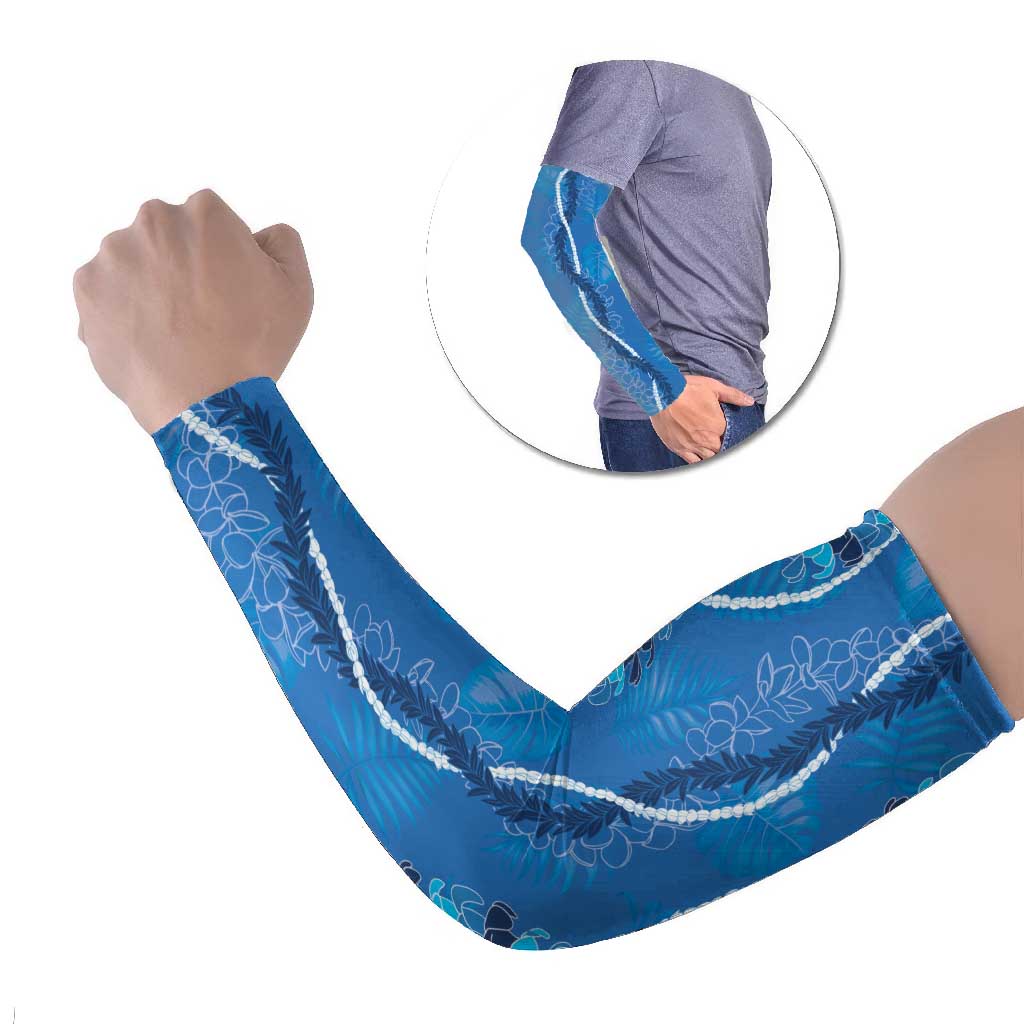 Hawaii Maile Lei Arm Sleeves With Blue Monstera Pattern - Polynesian Pride