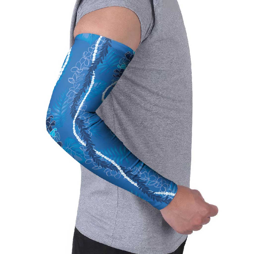 Hawaii Maile Lei Arm Sleeves With Blue Monstera Pattern - Polynesian Pride