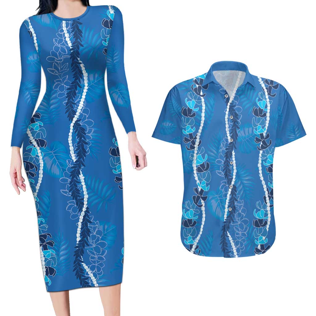 Hawaii Maile Lei Couples Matching Long Sleeve Bodycon Dress and Hawaiian Shirt With Blue Monstera Pattern