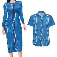 Hawaii Maile Lei Couples Matching Long Sleeve Bodycon Dress and Hawaiian Shirt With Blue Monstera Pattern