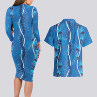 Hawaii Maile Lei Couples Matching Long Sleeve Bodycon Dress and Hawaiian Shirt With Blue Monstera Pattern
