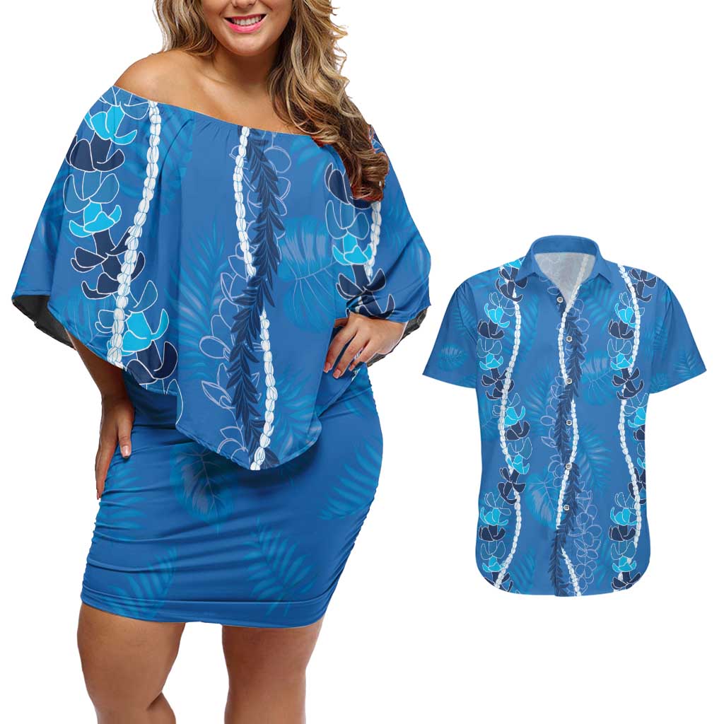 Hawaii Maile Lei Couples Matching Off Shoulder Short Dress and Hawaiian Shirt With Blue Monstera Pattern