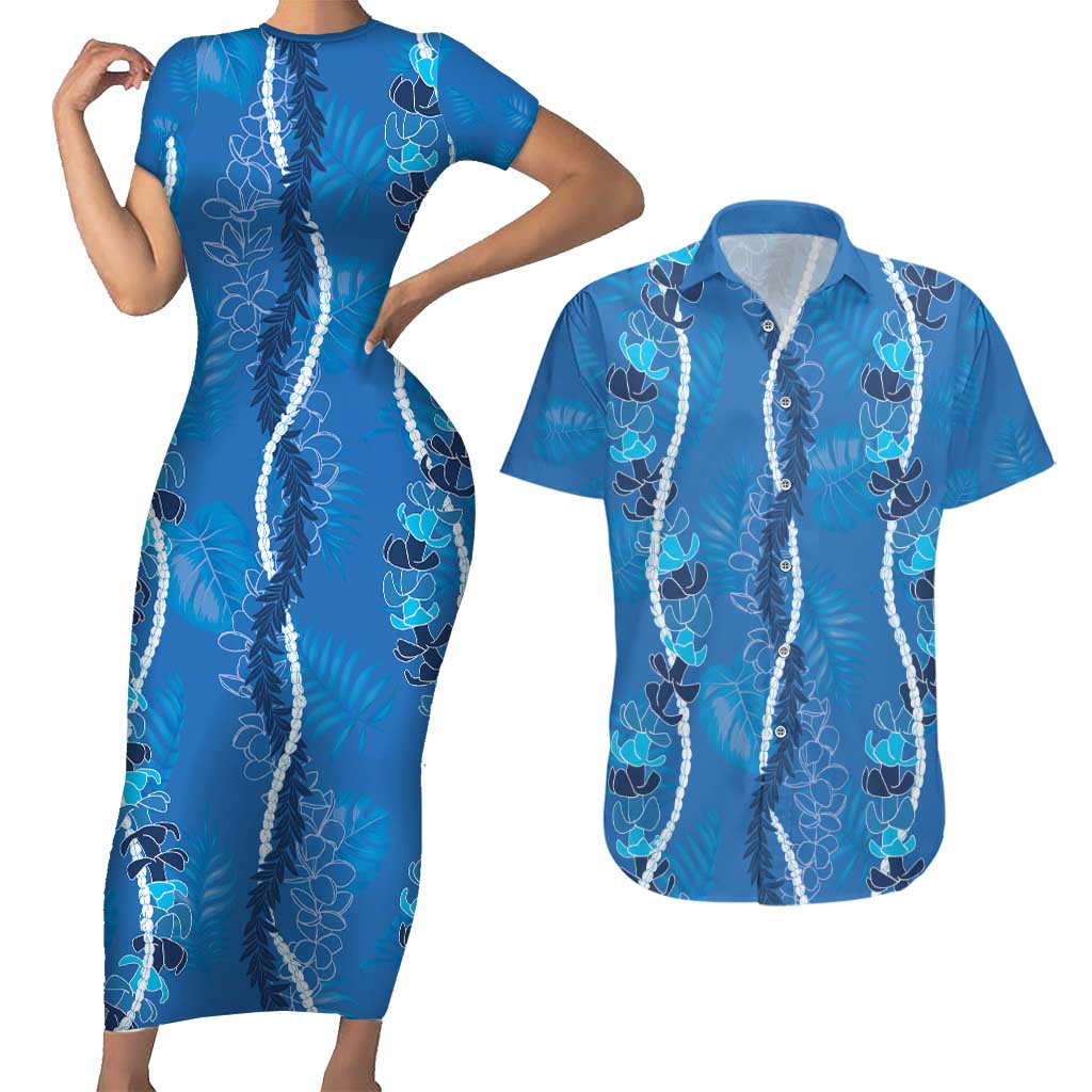 Hawaii Maile Lei Couples Matching Short Sleeve Bodycon Dress and Hawaiian Shirt With Blue Monstera Pattern