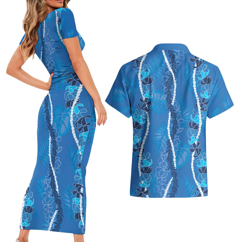 Hawaii Maile Lei Couples Matching Short Sleeve Bodycon Dress and Hawaiian Shirt With Blue Monstera Pattern