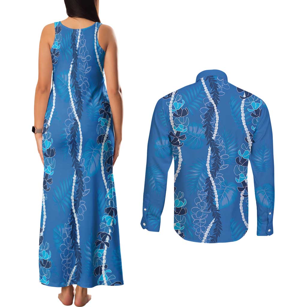 Hawaii Maile Lei Couples Matching Tank Maxi Dress and Long Sleeve Button Shirt With Blue Monstera Pattern