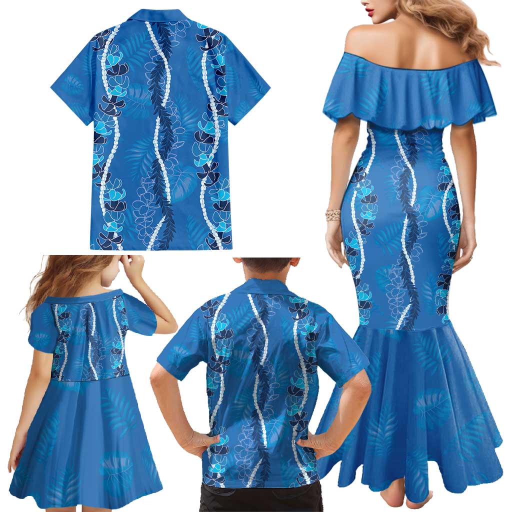Hawaii Maile Lei Family Matching Mermaid Dress and Hawaiian Shirt With Blue Monstera Pattern LT05 - Polynesian Pride