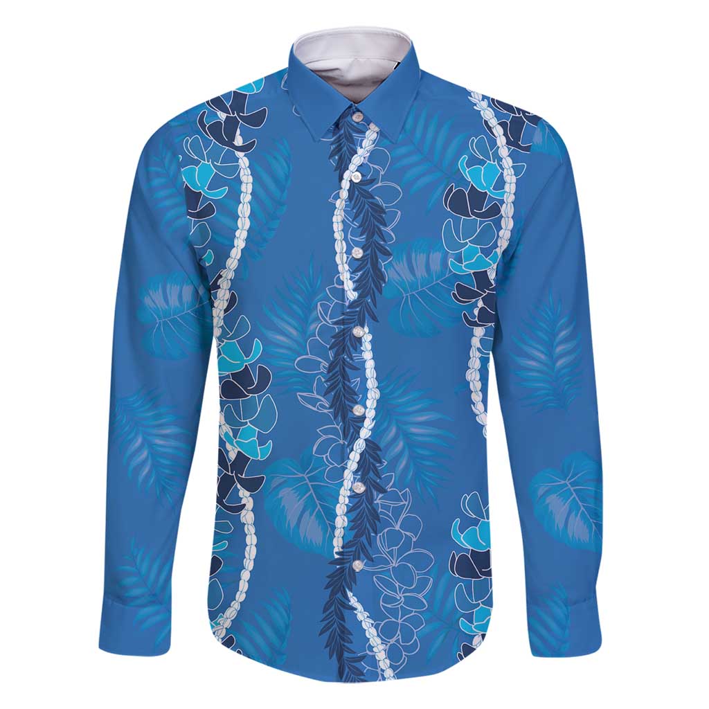 Hawaii Maile Lei Family Matching Mermaid Dress and Hawaiian Shirt With Blue Monstera Pattern LT05 Dad's Shirt - Long Sleeve Blue - Polynesian Pride