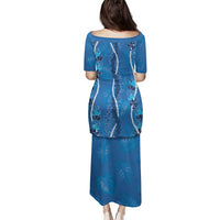 Hawaii Maile Lei Family Matching Puletasi and Hawaiian Shirt With Blue Monstera Pattern