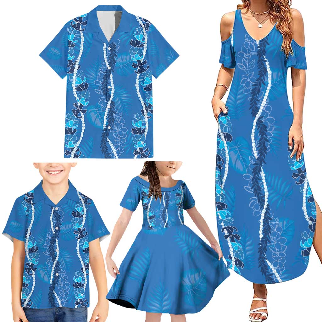 Hawaii Maile Lei Family Matching Summer Maxi Dress and Hawaiian Shirt With Blue Monstera Pattern
