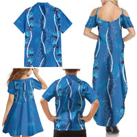 Hawaii Maile Lei Family Matching Summer Maxi Dress and Hawaiian Shirt With Blue Monstera Pattern