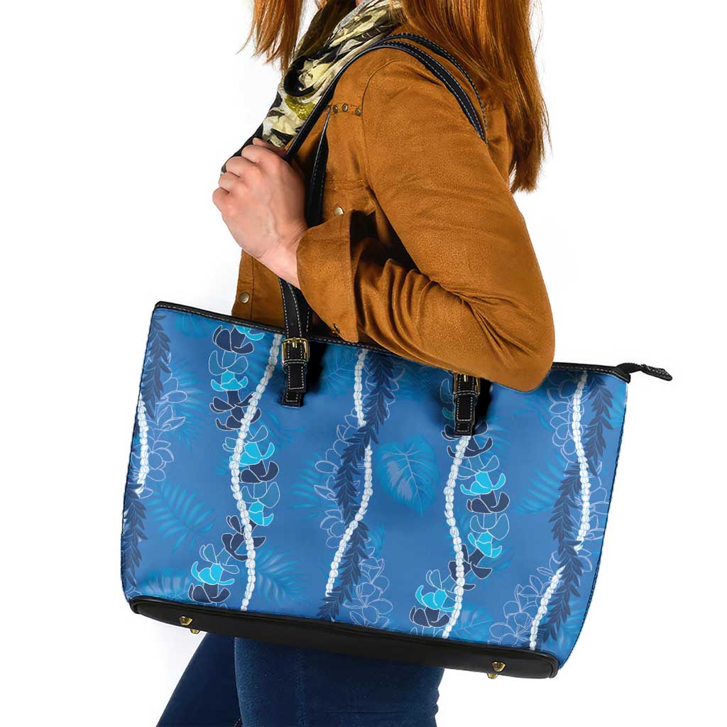 Hawaii Maile Lei Leather Tote Bag With Blue Monstera Pattern LT05 Blue - Polynesian Pride