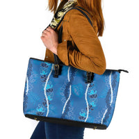Hawaii Maile Lei Leather Tote Bag With Blue Monstera Pattern LT05 Blue - Polynesian Pride