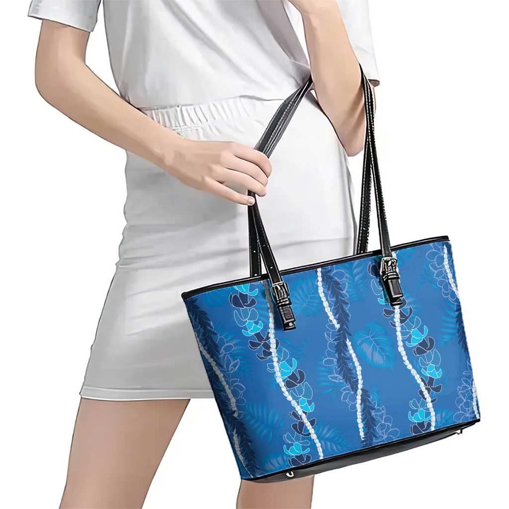 Hawaii Maile Lei Leather Tote Bag With Blue Monstera Pattern LT05 - Polynesian Pride