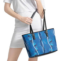 Hawaii Maile Lei Leather Tote Bag With Blue Monstera Pattern LT05 - Polynesian Pride