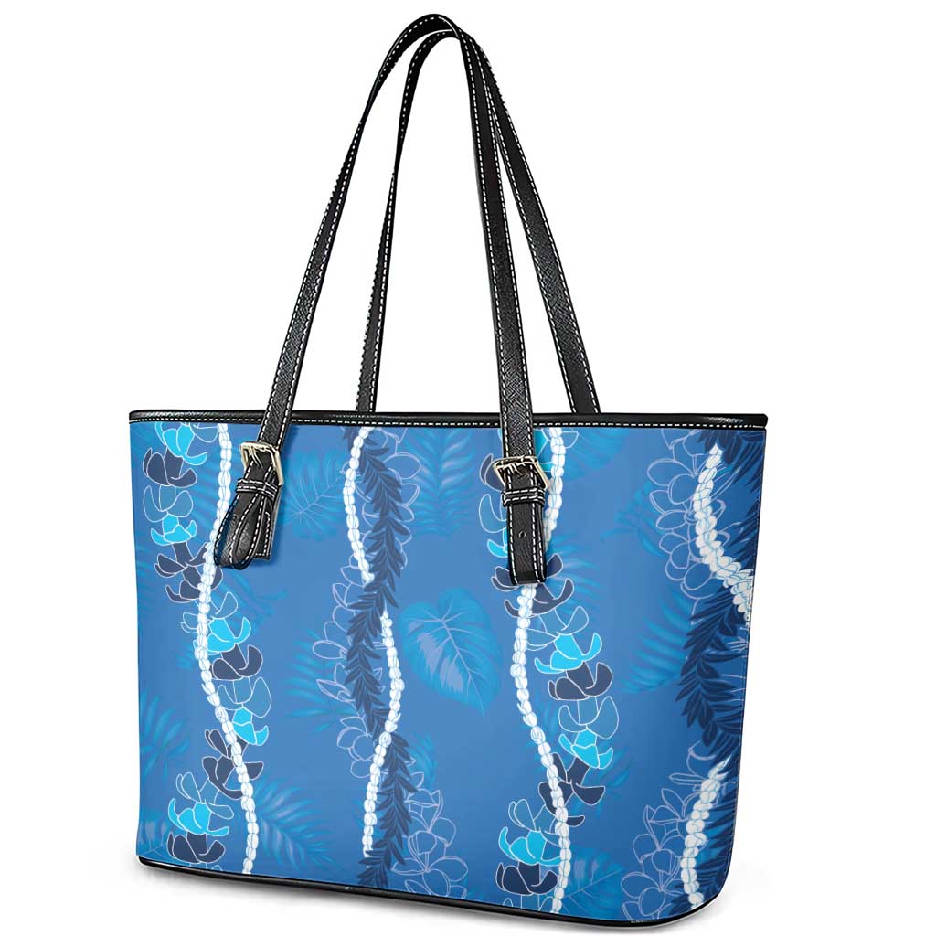 Hawaii Maile Lei Leather Tote Bag With Blue Monstera Pattern LT05 - Polynesian Pride