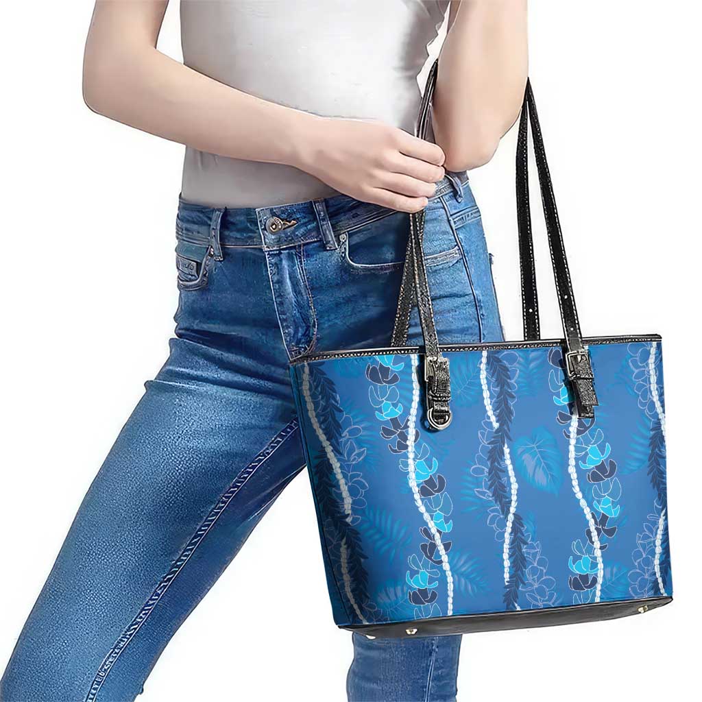 Hawaii Maile Lei Leather Tote Bag With Blue Monstera Pattern LT05 - Polynesian Pride