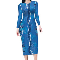 Hawaii Maile Lei Long Sleeve Bodycon Dress With Blue Monstera Pattern LT05 Long Dress Blue - Polynesian Pride