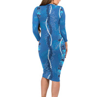 Hawaii Maile Lei Long Sleeve Bodycon Dress With Blue Monstera Pattern LT05 - Polynesian Pride
