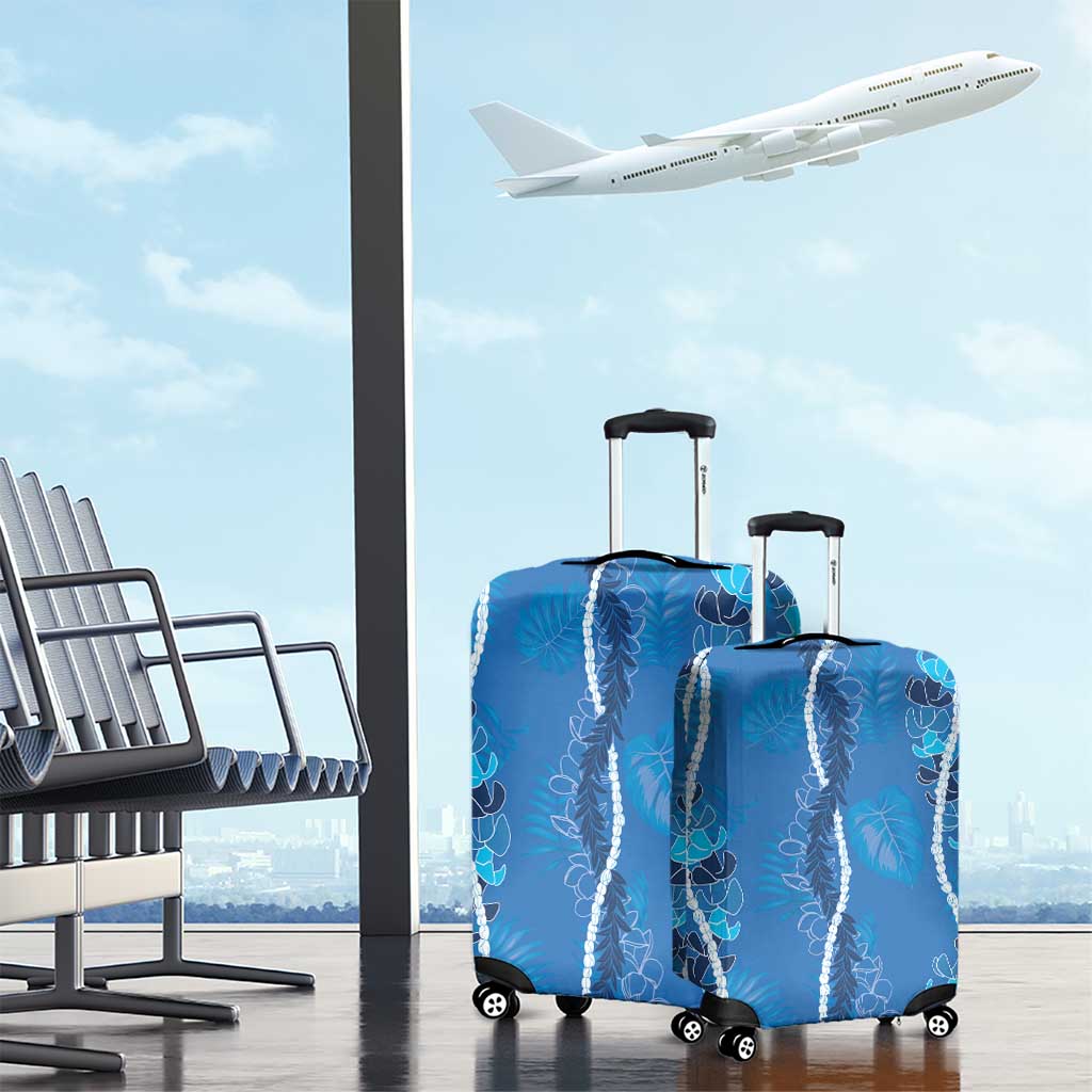 Hawaii Maile Lei Luggage Cover With Blue Monstera Pattern