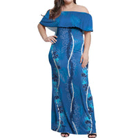 Hawaii Maile Lei Off Shoulder Maxi Dress With Blue Monstera Pattern LT05 Women Blue - Polynesian Pride