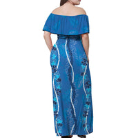 Hawaii Maile Lei Off Shoulder Maxi Dress With Blue Monstera Pattern LT05 - Polynesian Pride
