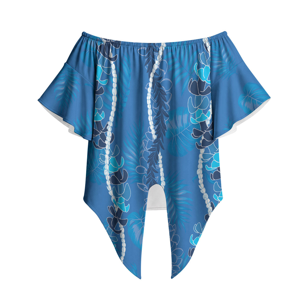 Hawaii Maile Lei Off Shoulder Wrap Waist Top With Blue Monstera Pattern LT05 Blue - Polynesian Pride