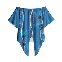 Hawaii Maile Lei Off Shoulder Wrap Waist Top With Blue Monstera Pattern LT05 Blue - Polynesian Pride