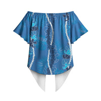 Hawaii Maile Lei Off Shoulder Wrap Waist Top With Blue Monstera Pattern LT05 - Polynesian Pride