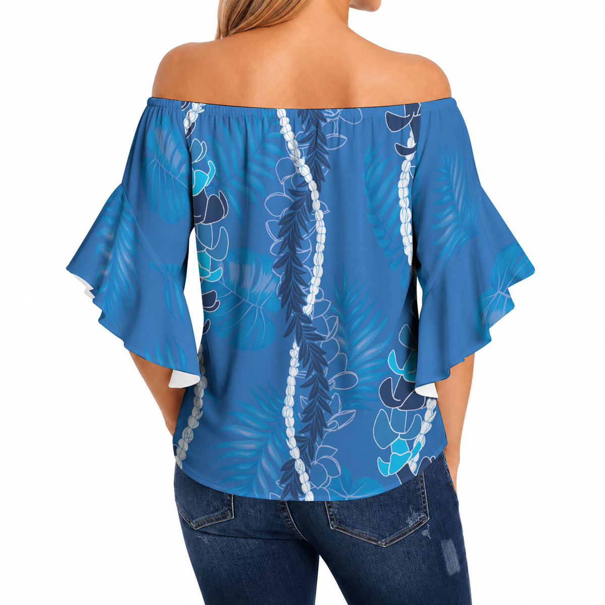 Hawaii Maile Lei Off Shoulder Wrap Waist Top With Blue Monstera Pattern LT05 - Polynesian Pride