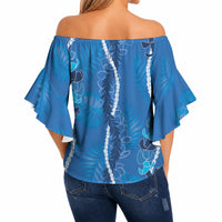Hawaii Maile Lei Off Shoulder Wrap Waist Top With Blue Monstera Pattern LT05 - Polynesian Pride