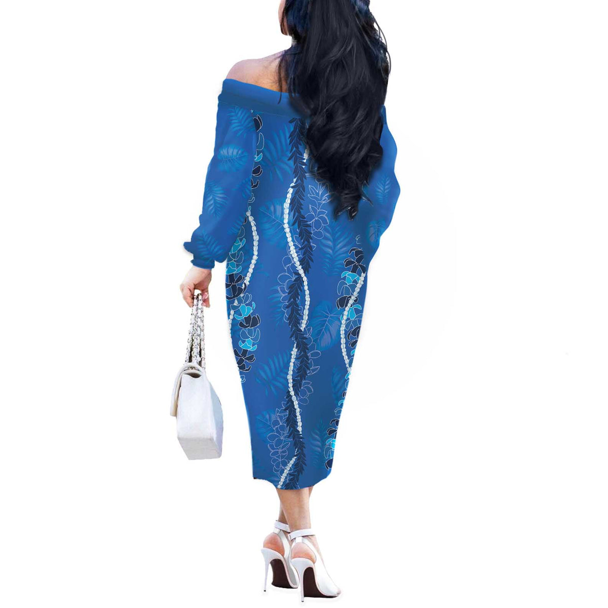 Hawaii Maile Lei Off The Shoulder Long Sleeve Dress With Blue Monstera Pattern LT05 - Polynesian Pride