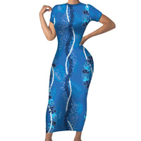Hawaii Maile Lei Short Sleeve Bodycon Dress With Blue Monstera Pattern LT05 Long Dress Blue - Polynesian Pride