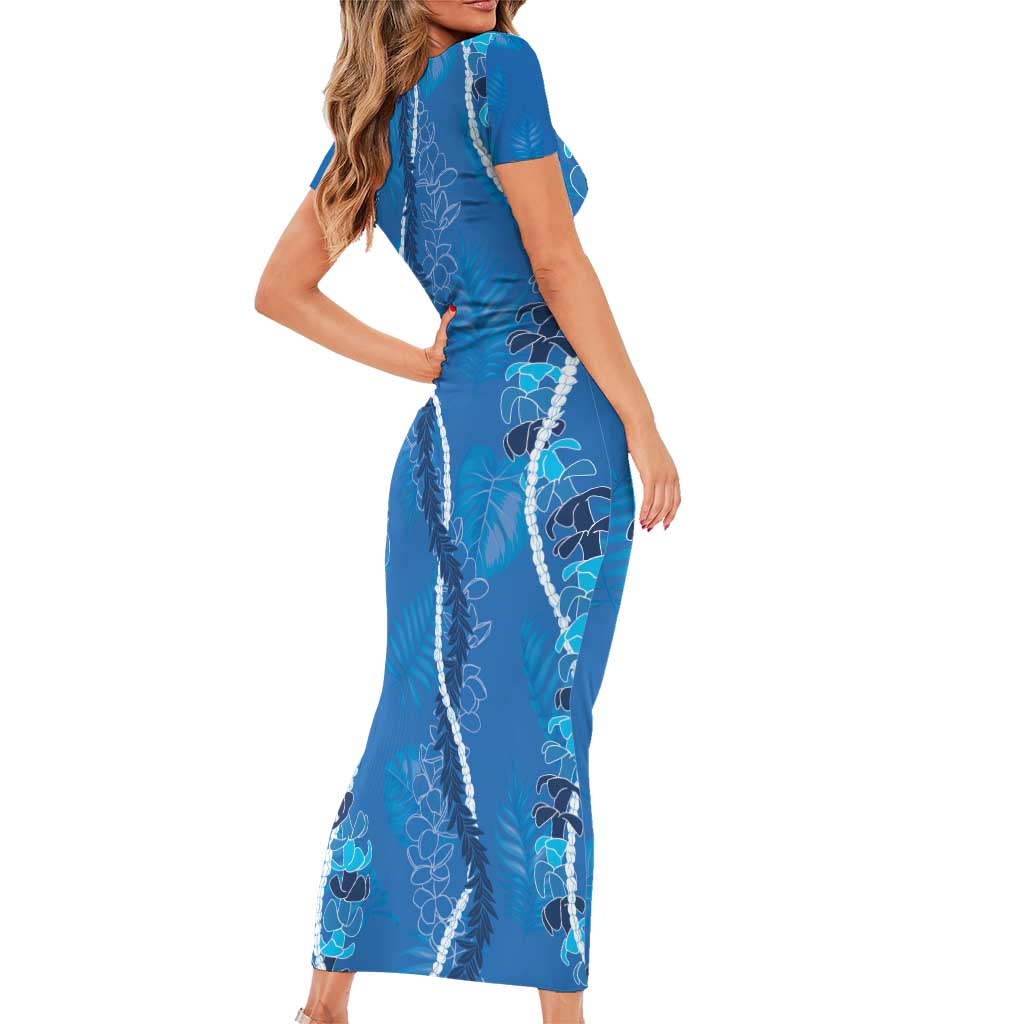 Hawaii Maile Lei Short Sleeve Bodycon Dress With Blue Monstera Pattern LT05 - Polynesian Pride