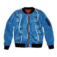 Hawaii Maile Lei Sleeve Zip Bomber Jacket With Blue Monstera Pattern LT05 Unisex Blue - Polynesian Pride