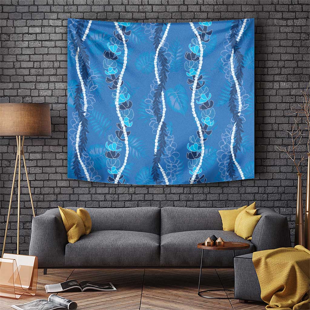 Hawaii Maile Lei Tapestry With Blue Monstera Pattern LT05 Blue - Polynesian Pride