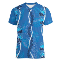 Hawaii Maile Lei Women V-Neck T-Shirt With Blue Monstera Pattern LT05 Female Blue - Polynesian Pride